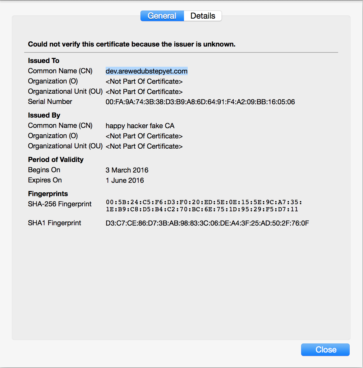 Screenshot of invalid certificate