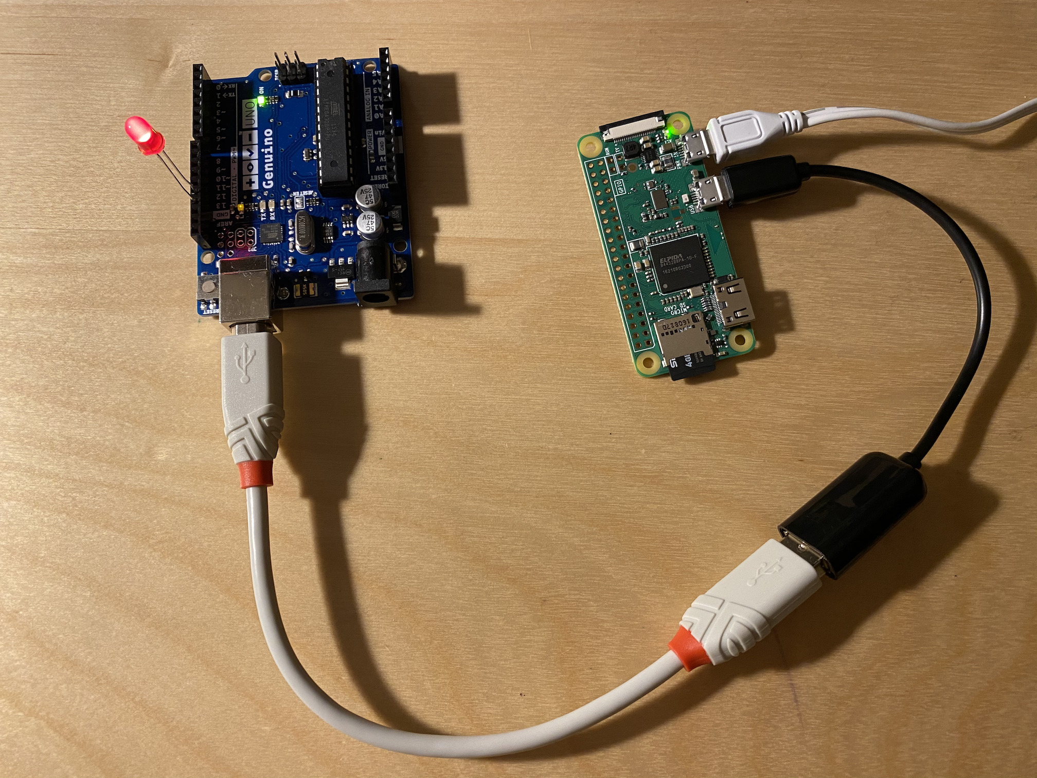 A Raspberry Pi Zero controlling an Arduino board