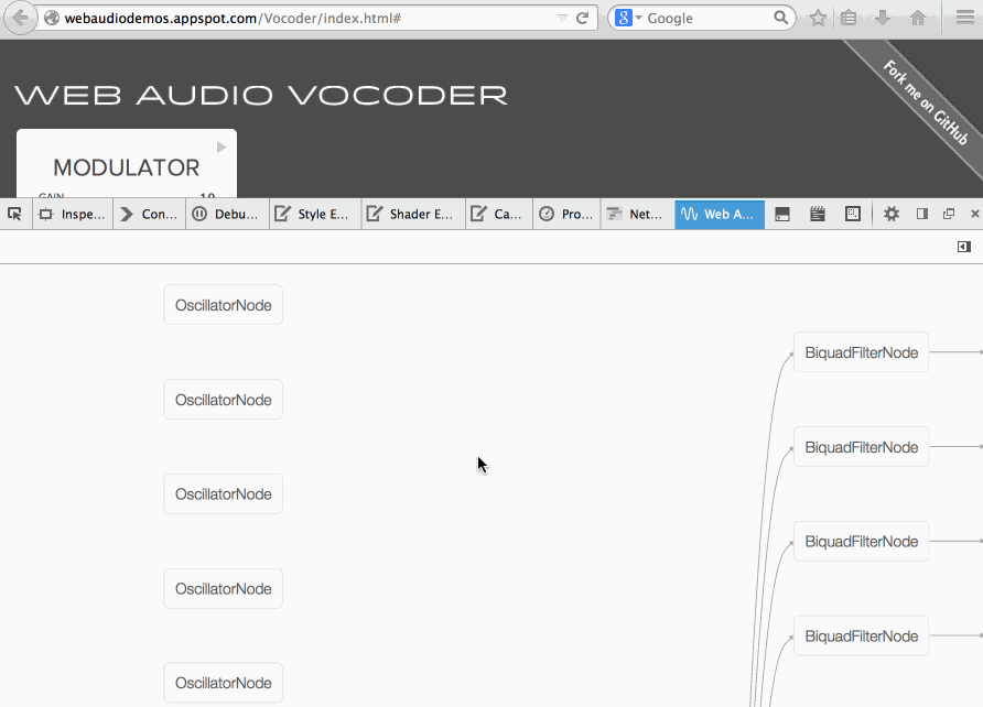 web audio vocoder inspected with the web audio inspector in Firefox