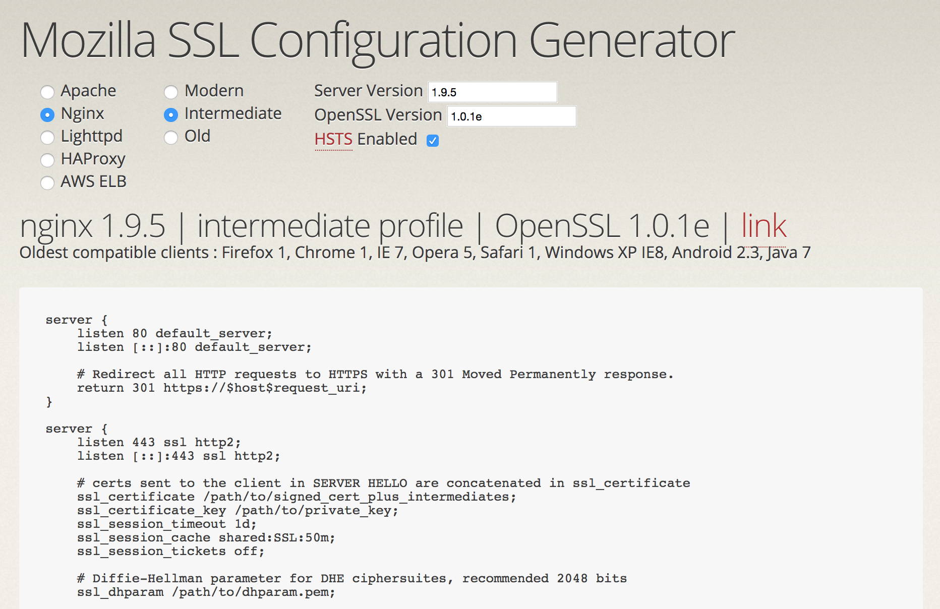 Mozilla SSL Config generator