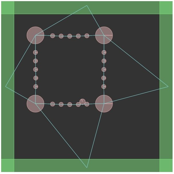 screenshot depicting several circles on a square formation, with the circles joined by lines, with bigger circles in the corners