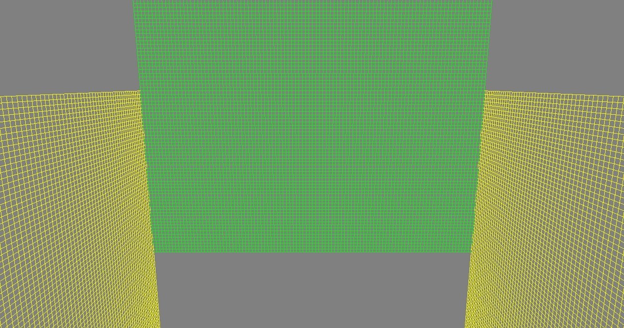 three planes rendered as grids with small squares and forming a cube space, the two planes on the sides are yellow and the plane at the center is green, on a grey background