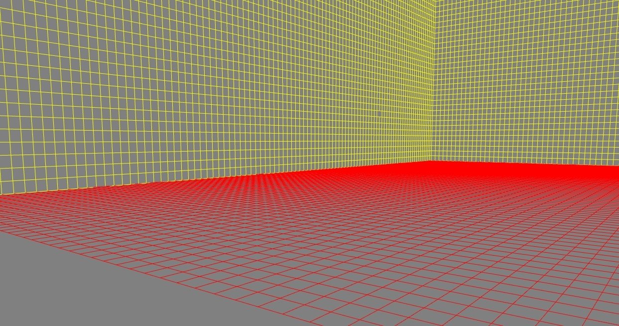 three planes forming a corner of a cube, there is a little hole in the mesh on the left