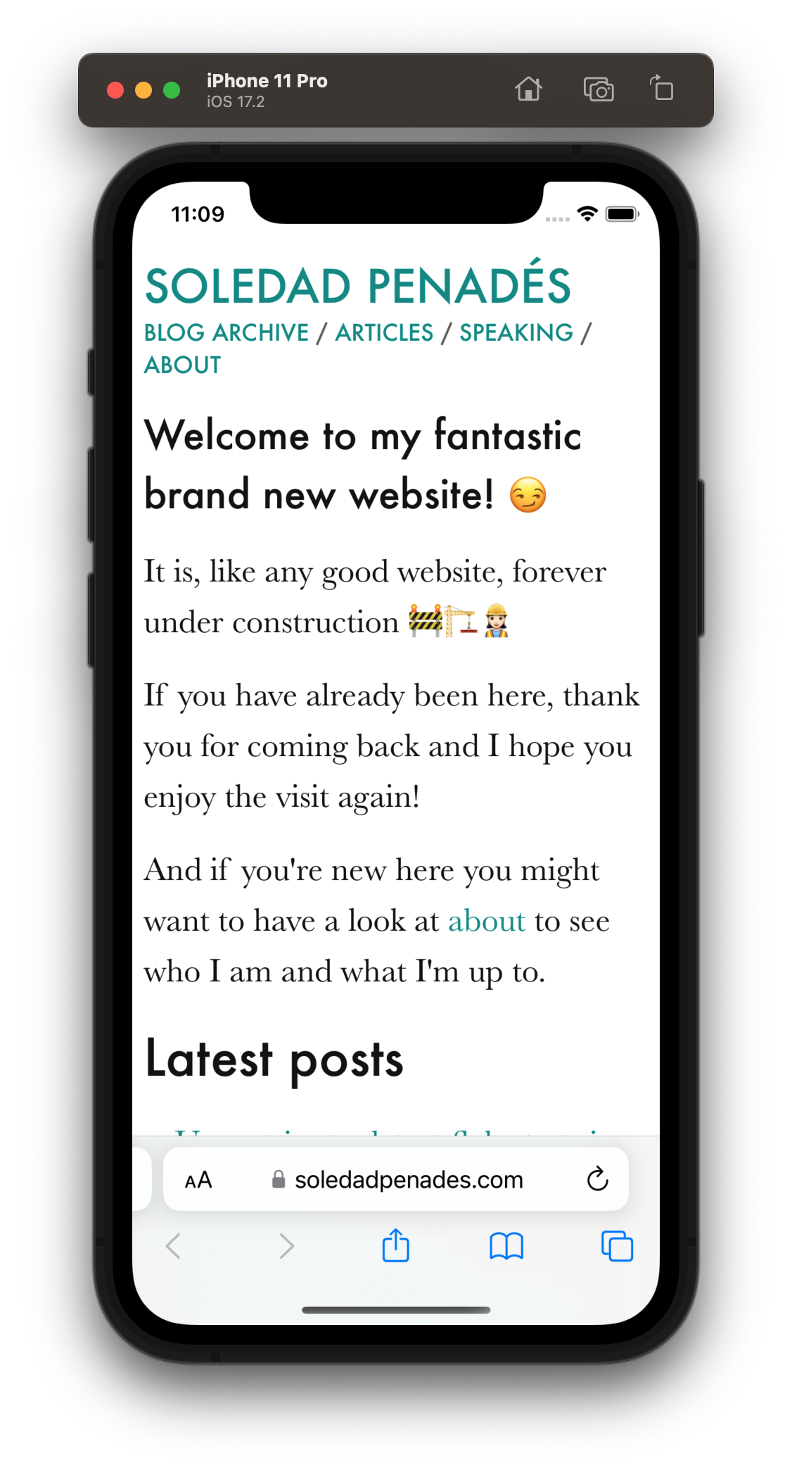 soledadpenades.com on a simulated iPhone pro 11